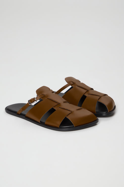 Astrid Fisherman Slippers in Dark Pecan Leather