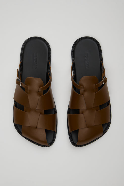 Astrid Fisherman Slippers in Dark Pecan Leather