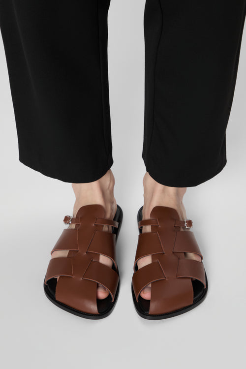 Astrid Fisherman Slippers in Dark Pecan Leather