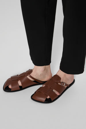 Astrid Fisherman Slippers in Dark Pecan Leather