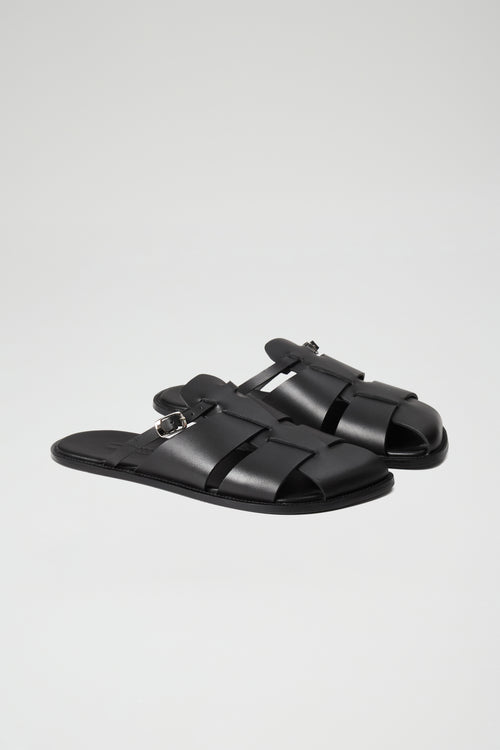 Astrid Fisherman Slippers in Black Leather